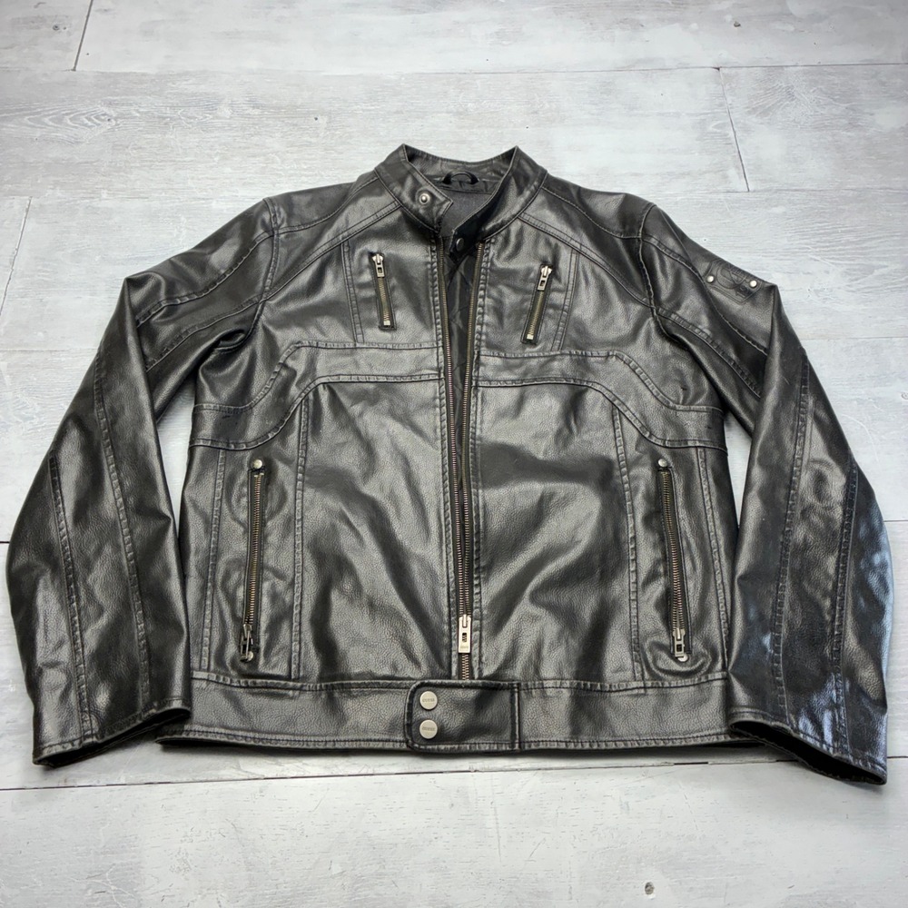 Guess Faux Leather Biker Jacket Mens Large Black Moto Quilted Zip Coat L